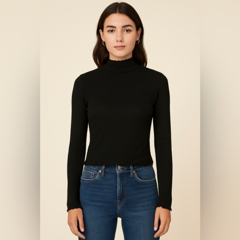 Wilfred Black Long Sleeve Lettuce Hem Mock Neck Top – Size M